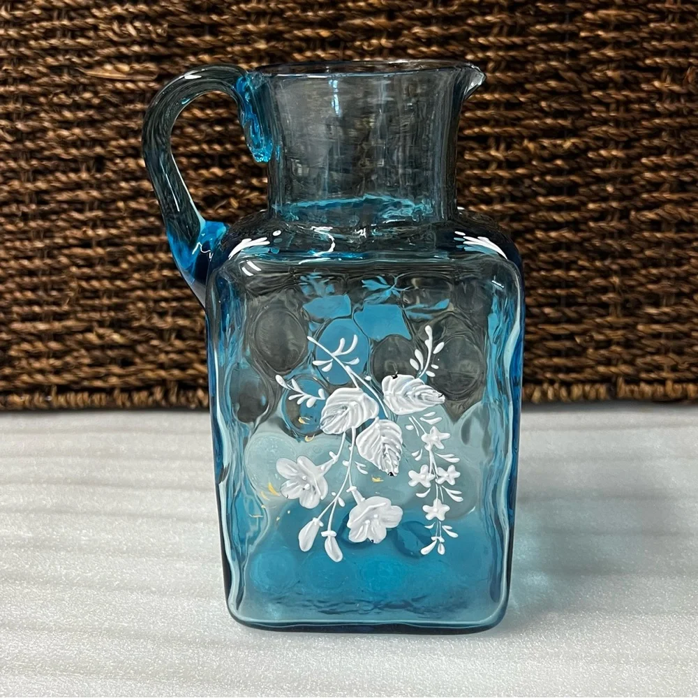 Vintage Victorian Blue Art Glass Enameled Hand-Painted Pitcher